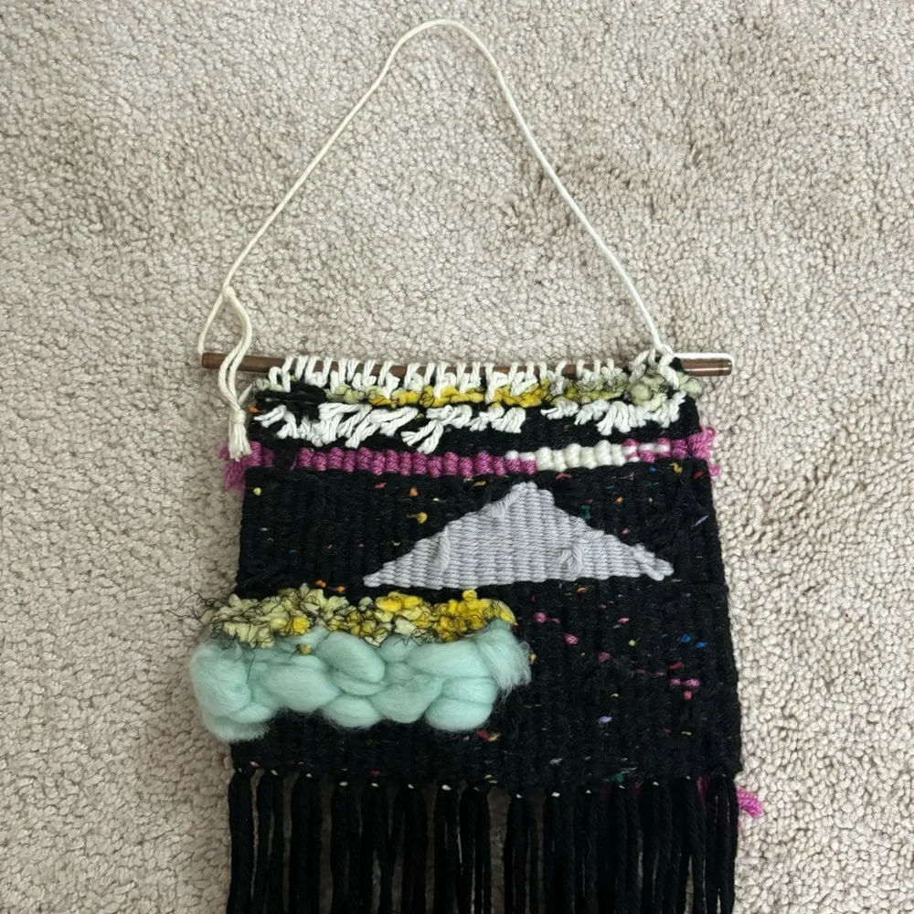 Handwoven Wall Hanging Textile Tapestry Fringe Bohemian Boho 3D Braided Black